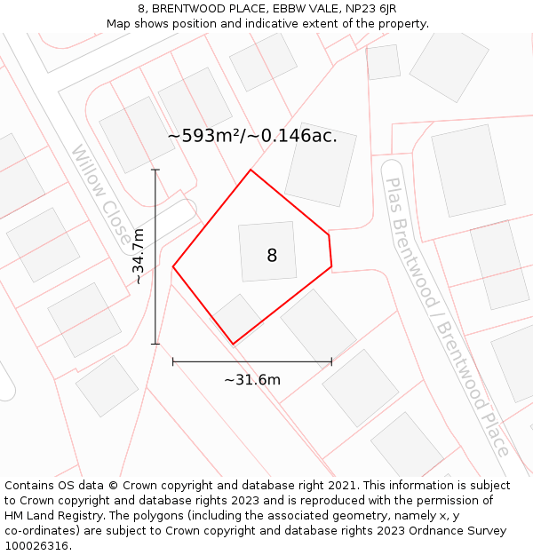 8, BRENTWOOD PLACE, EBBW VALE, NP23 6JR: Plot and title map