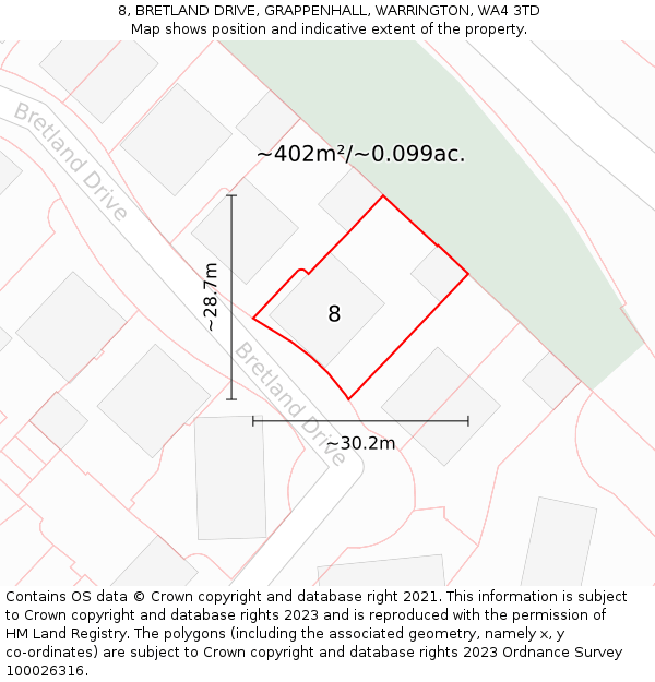 8, BRETLAND DRIVE, GRAPPENHALL, WARRINGTON, WA4 3TD: Plot and title map
