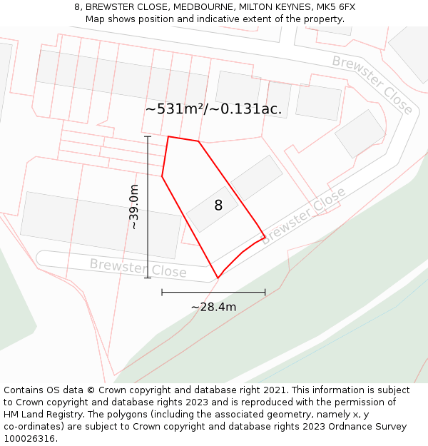 8, BREWSTER CLOSE, MEDBOURNE, MILTON KEYNES, MK5 6FX: Plot and title map