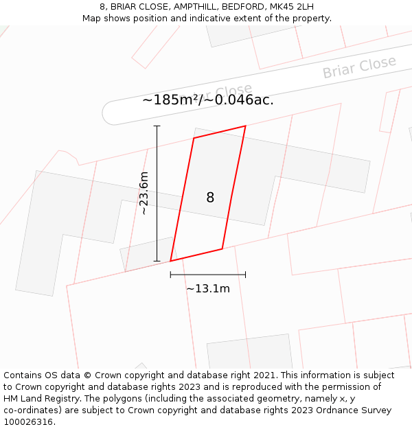 8, BRIAR CLOSE, AMPTHILL, BEDFORD, MK45 2LH: Plot and title map