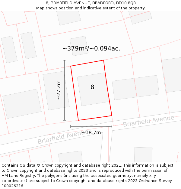 8, BRIARFIELD AVENUE, BRADFORD, BD10 8QR: Plot and title map