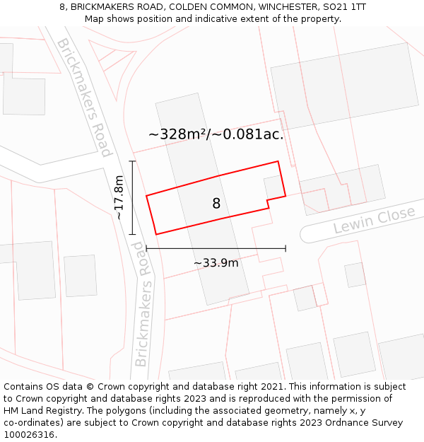 8, BRICKMAKERS ROAD, COLDEN COMMON, WINCHESTER, SO21 1TT: Plot and title map