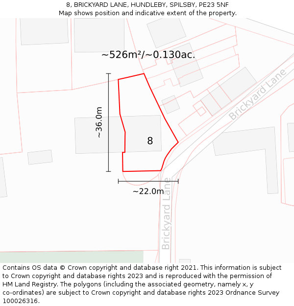 8, BRICKYARD LANE, HUNDLEBY, SPILSBY, PE23 5NF: Plot and title map