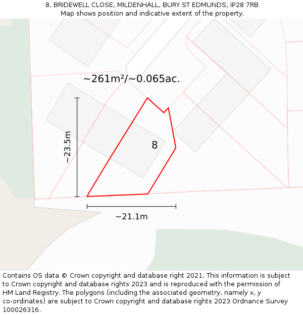 8, BRIDEWELL CLOSE, MILDENHALL, BURY ST EDMUNDS, IP28 7RB: Plot and title map