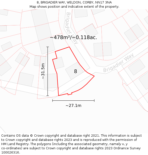 8, BRIGADIER WAY, WELDON, CORBY, NN17 3NA: Plot and title map