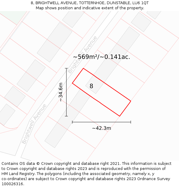 8, BRIGHTWELL AVENUE, TOTTERNHOE, DUNSTABLE, LU6 1QT: Plot and title map