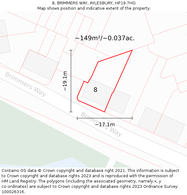 8, BRIMMERS WAY, AYLESBURY, HP19 7HG: Plot and title map