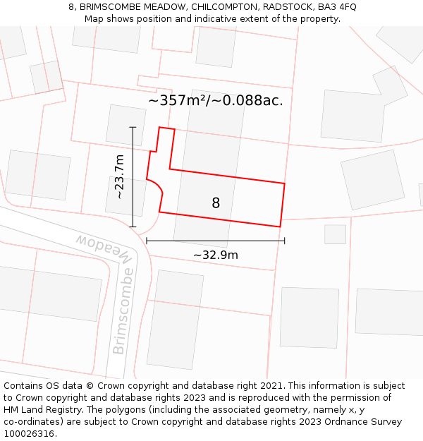 8, BRIMSCOMBE MEADOW, CHILCOMPTON, RADSTOCK, BA3 4FQ: Plot and title map