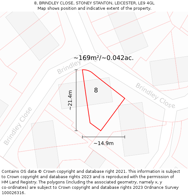 8, BRINDLEY CLOSE, STONEY STANTON, LEICESTER, LE9 4GL: Plot and title map