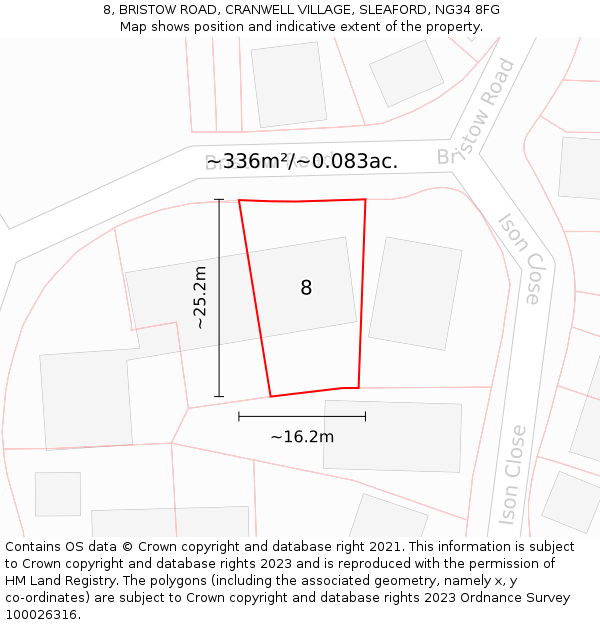 8, BRISTOW ROAD, CRANWELL VILLAGE, SLEAFORD, NG34 8FG: Plot and title map