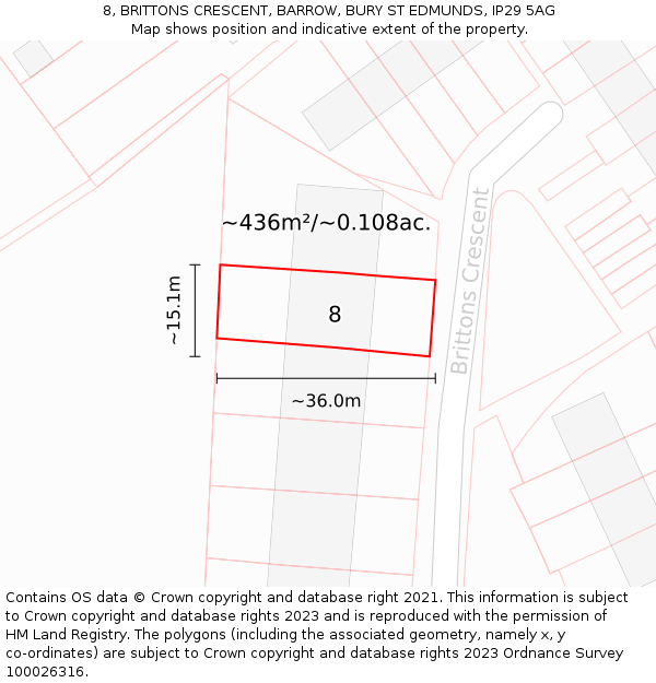 8, BRITTONS CRESCENT, BARROW, BURY ST EDMUNDS, IP29 5AG: Plot and title map