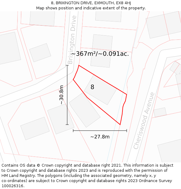 8, BRIXINGTON DRIVE, EXMOUTH, EX8 4HJ: Plot and title map