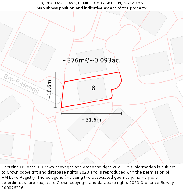 8, BRO DAUDDWR, PENIEL, CARMARTHEN, SA32 7AS: Plot and title map