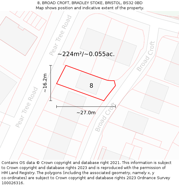 8, BROAD CROFT, BRADLEY STOKE, BRISTOL, BS32 0BD: Plot and title map