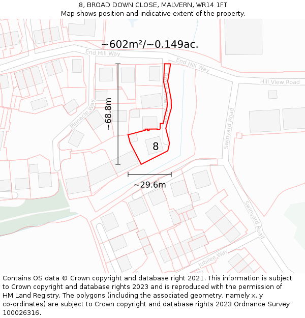 8, BROAD DOWN CLOSE, MALVERN, WR14 1FT: Plot and title map