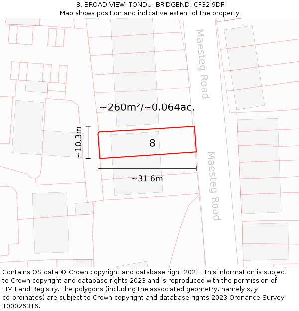 8, BROAD VIEW, TONDU, BRIDGEND, CF32 9DF: Plot and title map