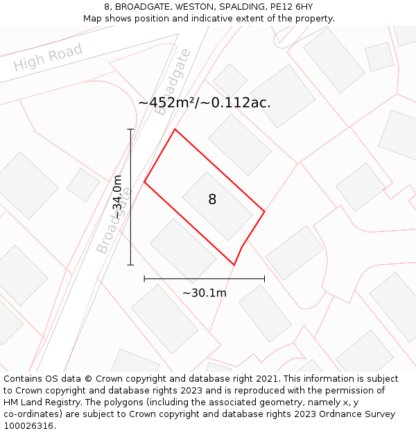 8, BROADGATE, WESTON, SPALDING, PE12 6HY: Plot and title map