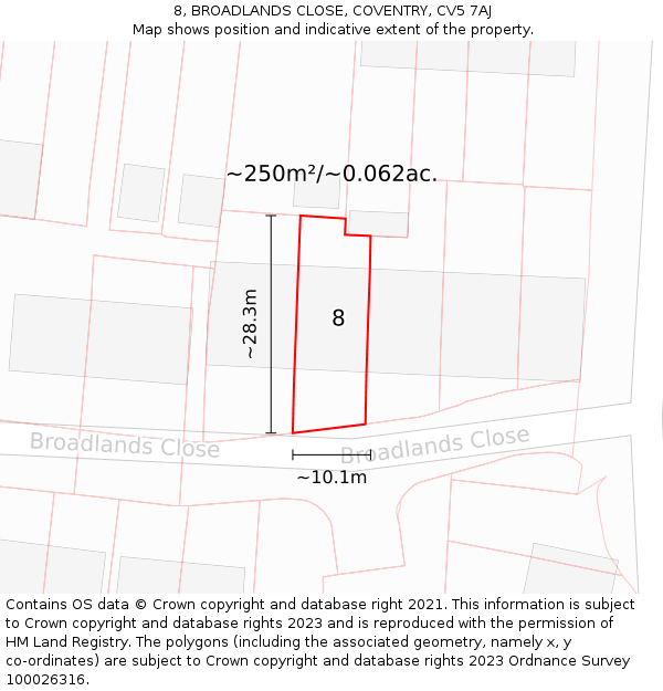 8, BROADLANDS CLOSE, COVENTRY, CV5 7AJ: Plot and title map