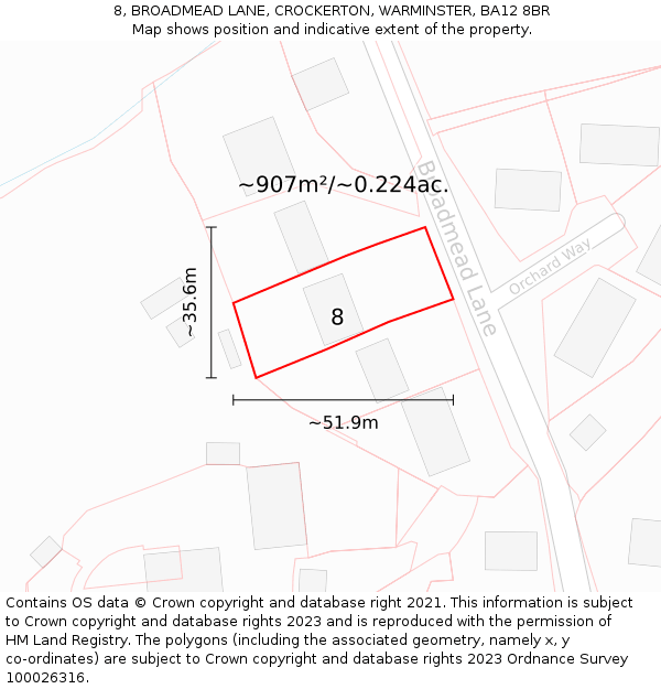 8, BROADMEAD LANE, CROCKERTON, WARMINSTER, BA12 8BR: Plot and title map