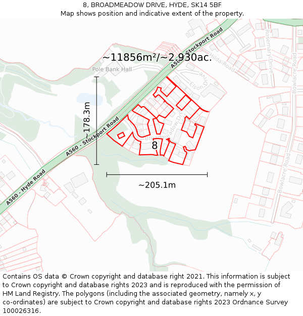 8, BROADMEADOW DRIVE, HYDE, SK14 5BF: Plot and title map