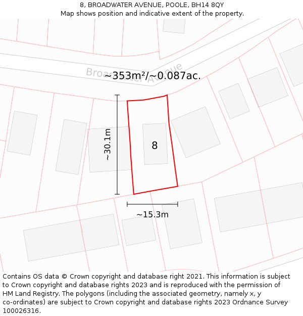 8, BROADWATER AVENUE, POOLE, BH14 8QY: Plot and title map
