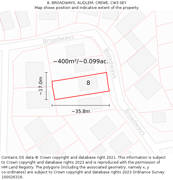 8, BROADWAYS, AUDLEM, CREWE, CW3 0EY: Plot and title map