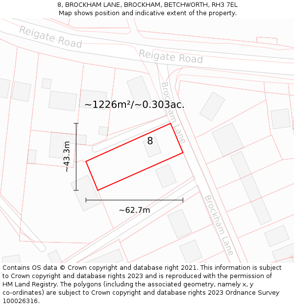 8, BROCKHAM LANE, BROCKHAM, BETCHWORTH, RH3 7EL: Plot and title map