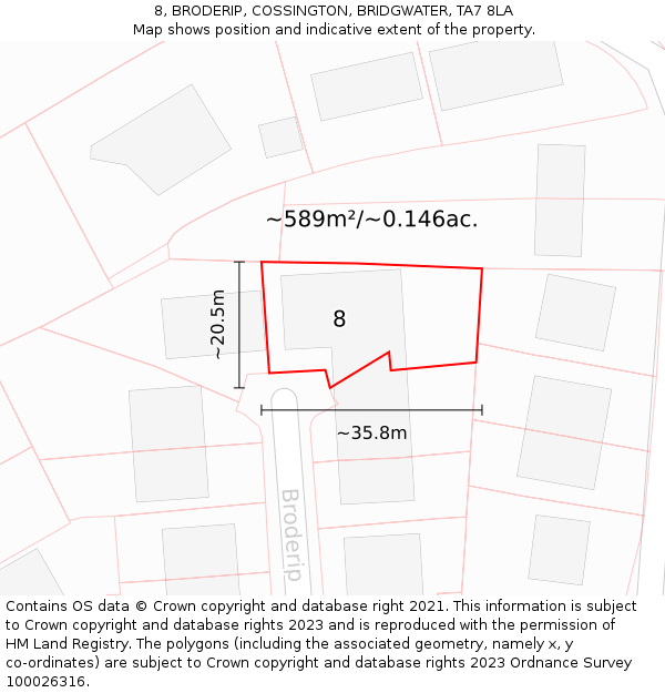 8, BRODERIP, COSSINGTON, BRIDGWATER, TA7 8LA: Plot and title map