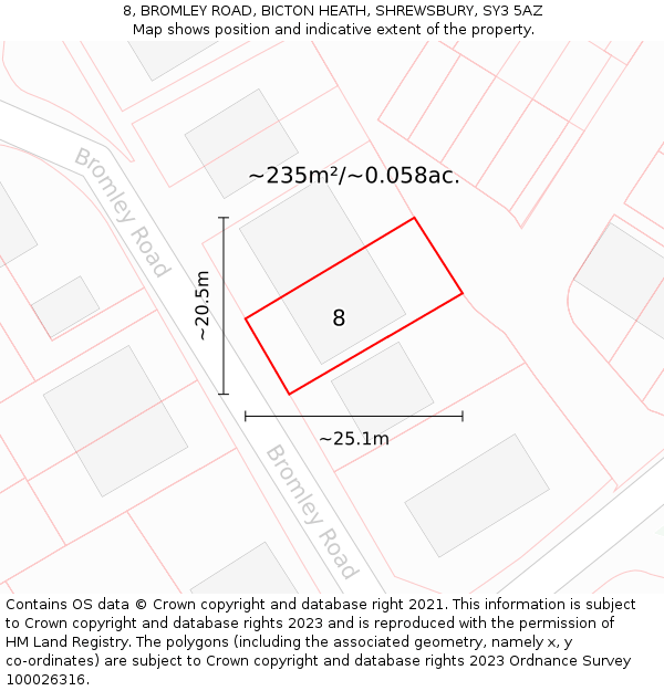 8, BROMLEY ROAD, BICTON HEATH, SHREWSBURY, SY3 5AZ: Plot and title map
