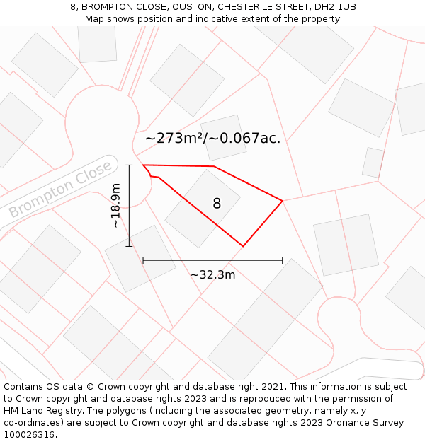 8, BROMPTON CLOSE, OUSTON, CHESTER LE STREET, DH2 1UB: Plot and title map