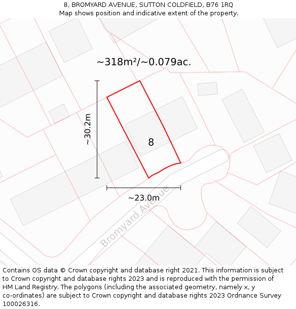8, BROMYARD AVENUE, SUTTON COLDFIELD, B76 1RQ: Plot and title map