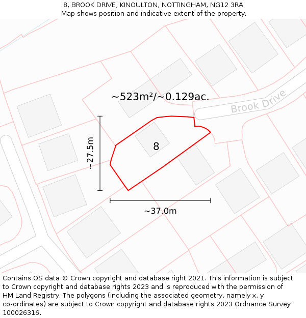 8, BROOK DRIVE, KINOULTON, NOTTINGHAM, NG12 3RA: Plot and title map