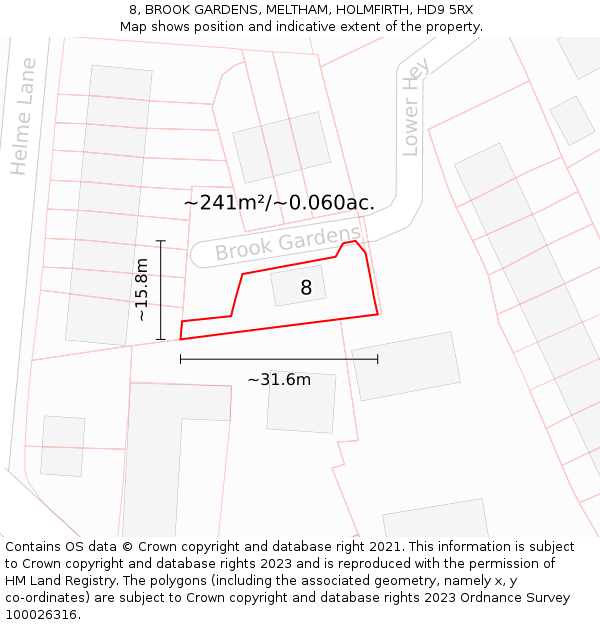 8, BROOK GARDENS, MELTHAM, HOLMFIRTH, HD9 5RX: Plot and title map