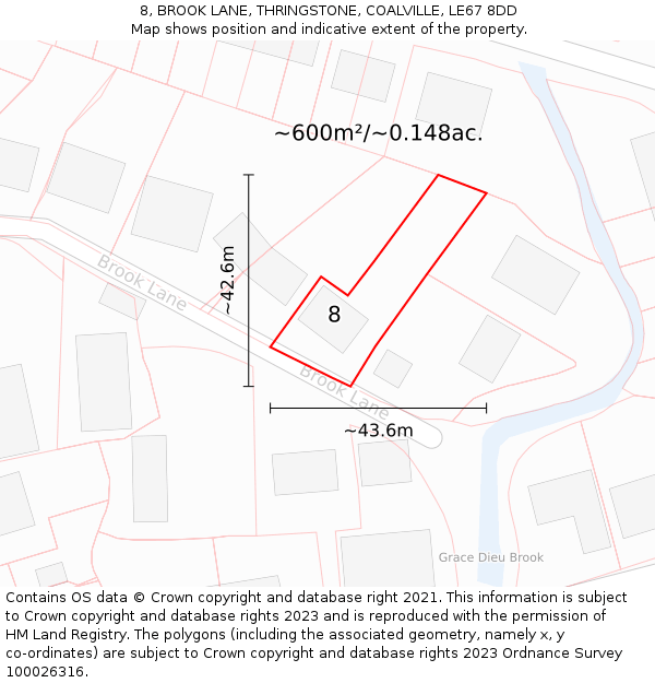 8, BROOK LANE, THRINGSTONE, COALVILLE, LE67 8DD: Plot and title map