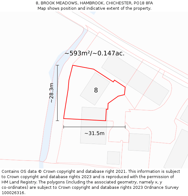 8, BROOK MEADOWS, HAMBROOK, CHICHESTER, PO18 8FA: Plot and title map