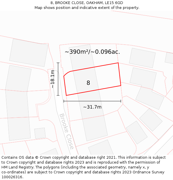 8, BROOKE CLOSE, OAKHAM, LE15 6GD: Plot and title map