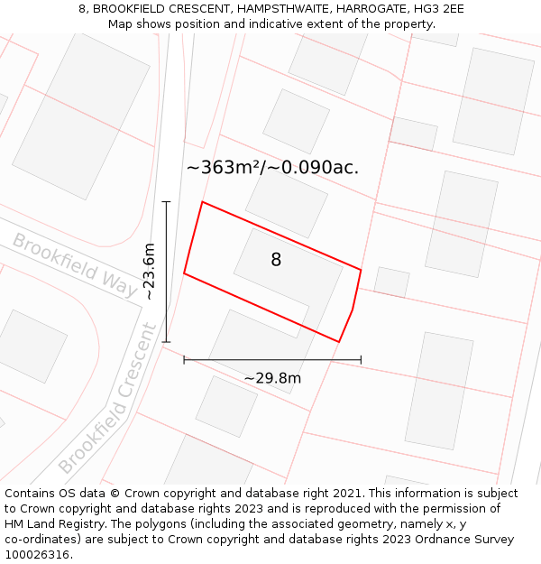 8, BROOKFIELD CRESCENT, HAMPSTHWAITE, HARROGATE, HG3 2EE: Plot and title map