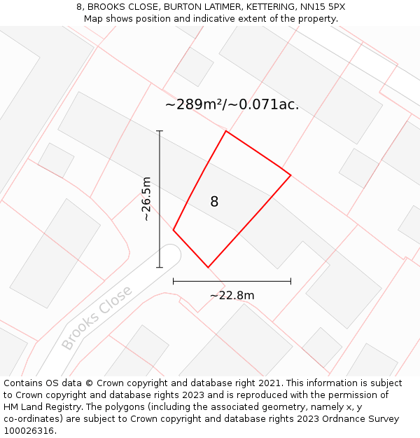 8, BROOKS CLOSE, BURTON LATIMER, KETTERING, NN15 5PX: Plot and title map