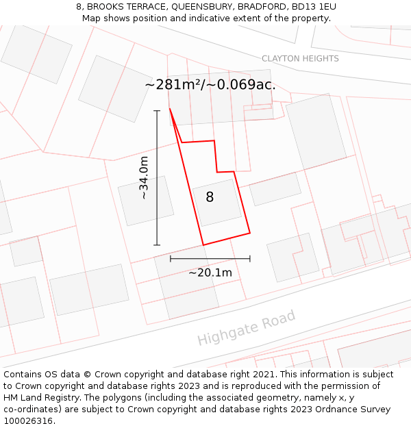 8, BROOKS TERRACE, QUEENSBURY, BRADFORD, BD13 1EU: Plot and title map