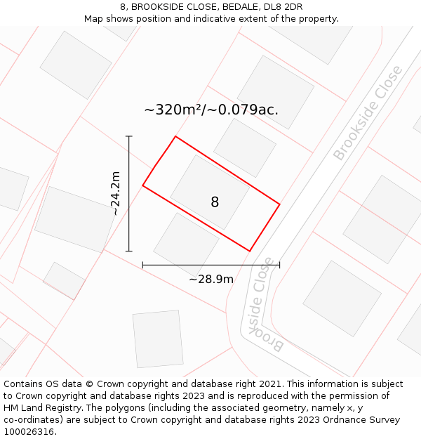 8, BROOKSIDE CLOSE, BEDALE, DL8 2DR: Plot and title map