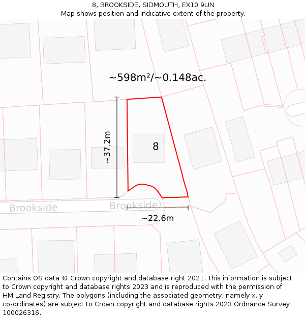 8, BROOKSIDE, SIDMOUTH, EX10 9UN: Plot and title map