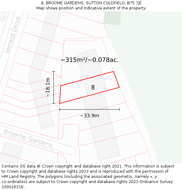 8, BROOME GARDENS, SUTTON COLDFIELD, B75 7JE: Plot and title map