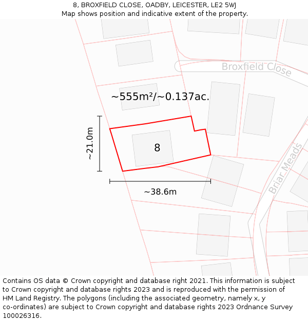 8, BROXFIELD CLOSE, OADBY, LEICESTER, LE2 5WJ: Plot and title map
