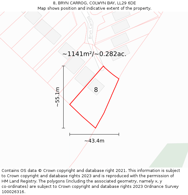 8, BRYN CARROG, COLWYN BAY, LL29 6DE: Plot and title map