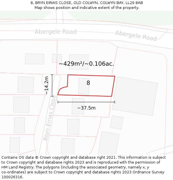 8, BRYN EIRIAS CLOSE, OLD COLWYN, COLWYN BAY, LL29 8AB: Plot and title map