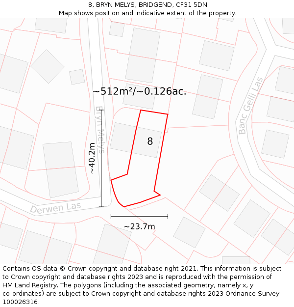8, BRYN MELYS, BRIDGEND, CF31 5DN: Plot and title map