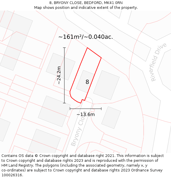 8, BRYONY CLOSE, BEDFORD, MK41 0RN: Plot and title map