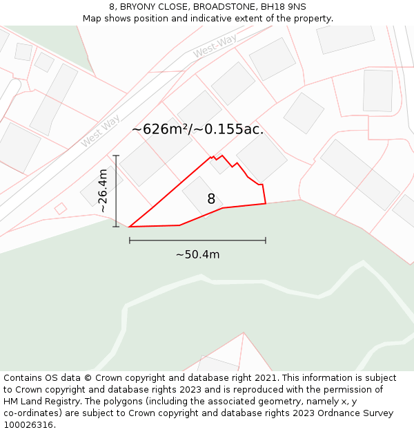 8, BRYONY CLOSE, BROADSTONE, BH18 9NS: Plot and title map
