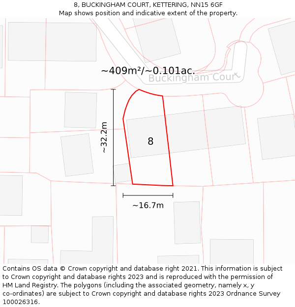 8, BUCKINGHAM COURT, KETTERING, NN15 6GF: Plot and title map