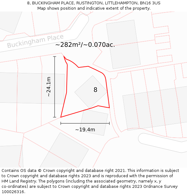 8, BUCKINGHAM PLACE, RUSTINGTON, LITTLEHAMPTON, BN16 3US: Plot and title map